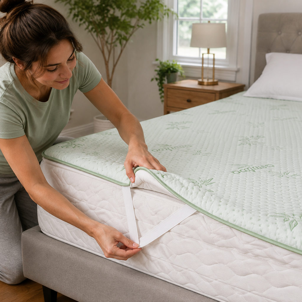 best bamboo mattress topper — fitting the mattress topper onto a mattress