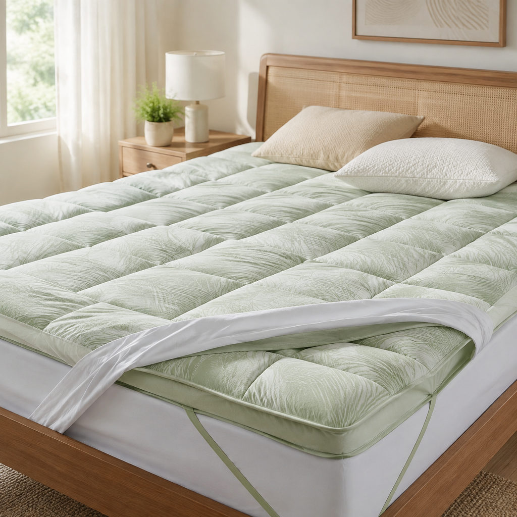 best bamboo mattress topper — mattress topper on a bed in a bright bedroom