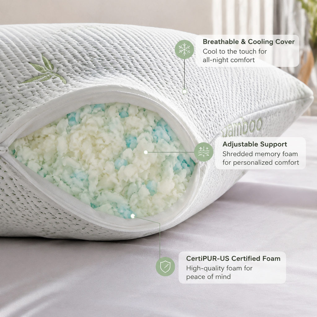 Best Bamboo Pillow Reviews: 5 Worth Buying 2 best bamboo pillow reviews — pillow fill and cooling cover detail