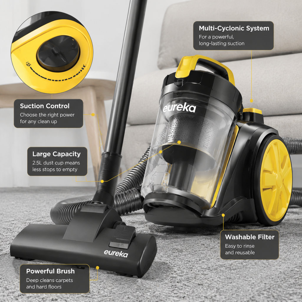 best canister vacuum — close-up of vacuum features and specs