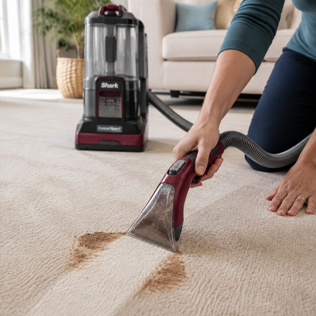 best carpet cleaner for pets — using a carpet cleaner on a stain, how-to scene