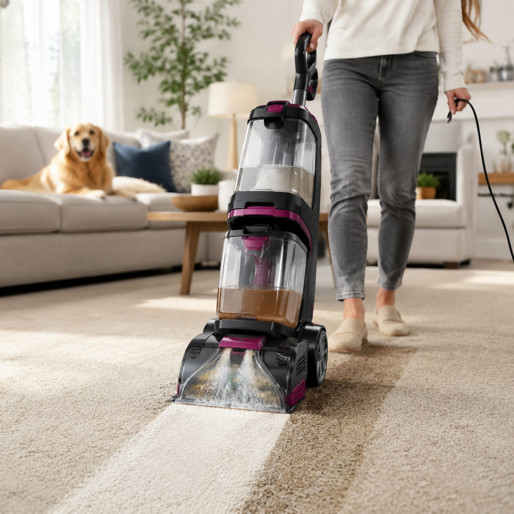 best carpet cleaner for pets — carpet cleaner machine deep cleaning a living-room carpet