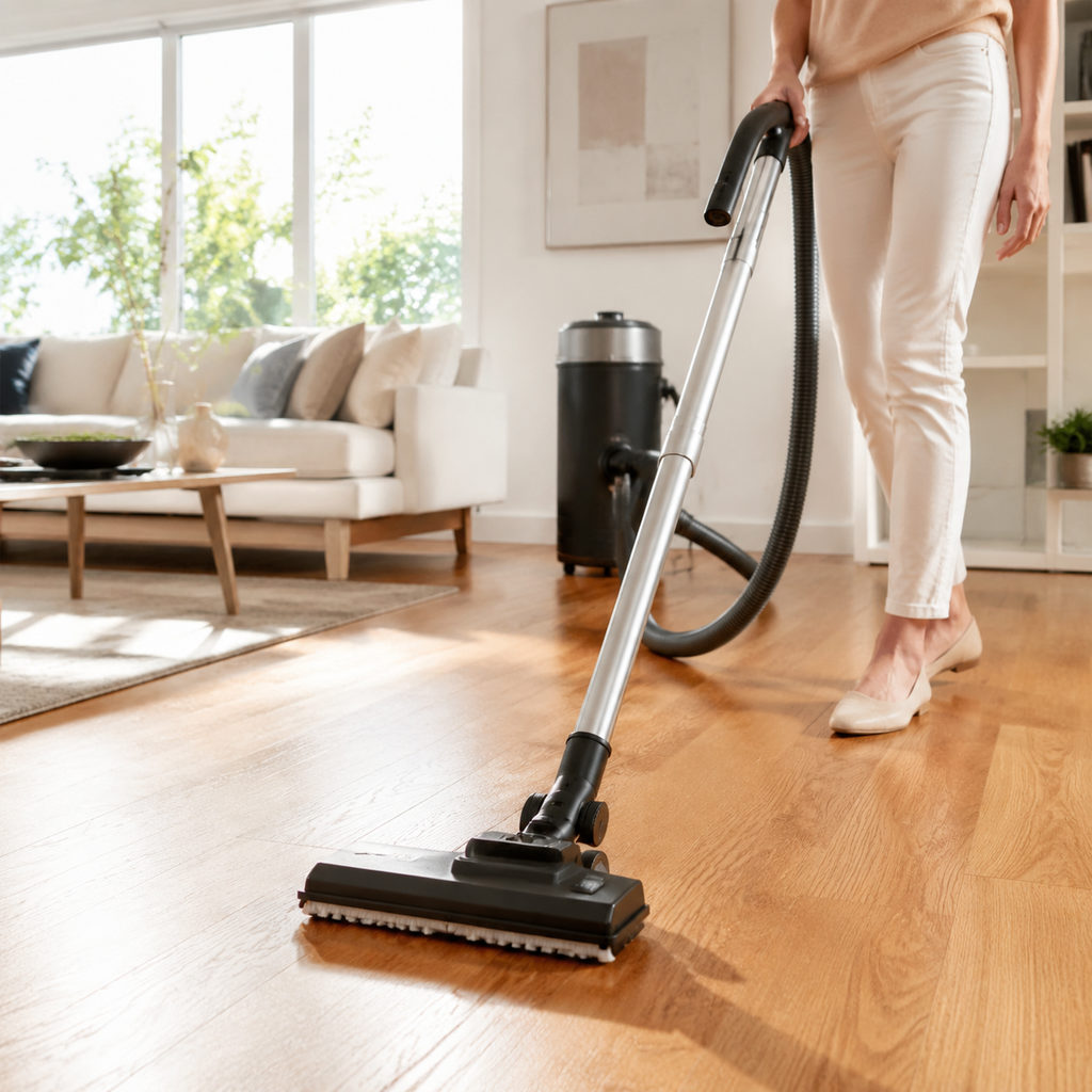 best central vacuum system — vacuum cleaning a home floor