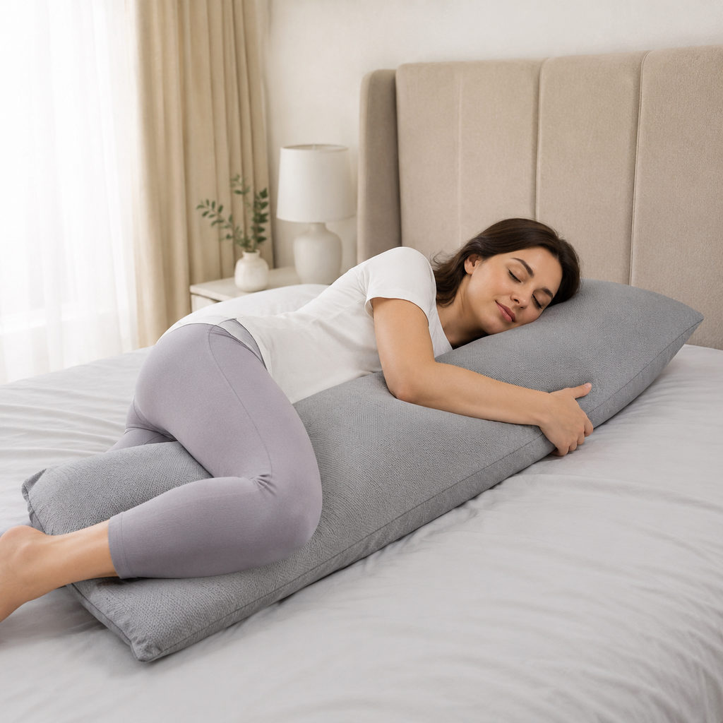Best Cooling Body Pillow You Can Hug All Night 2 best cooling body pillow — side sleeper using the pillow