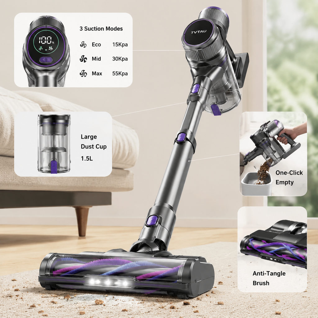 best cordless stick vacuum — close-up of vacuum features and specs