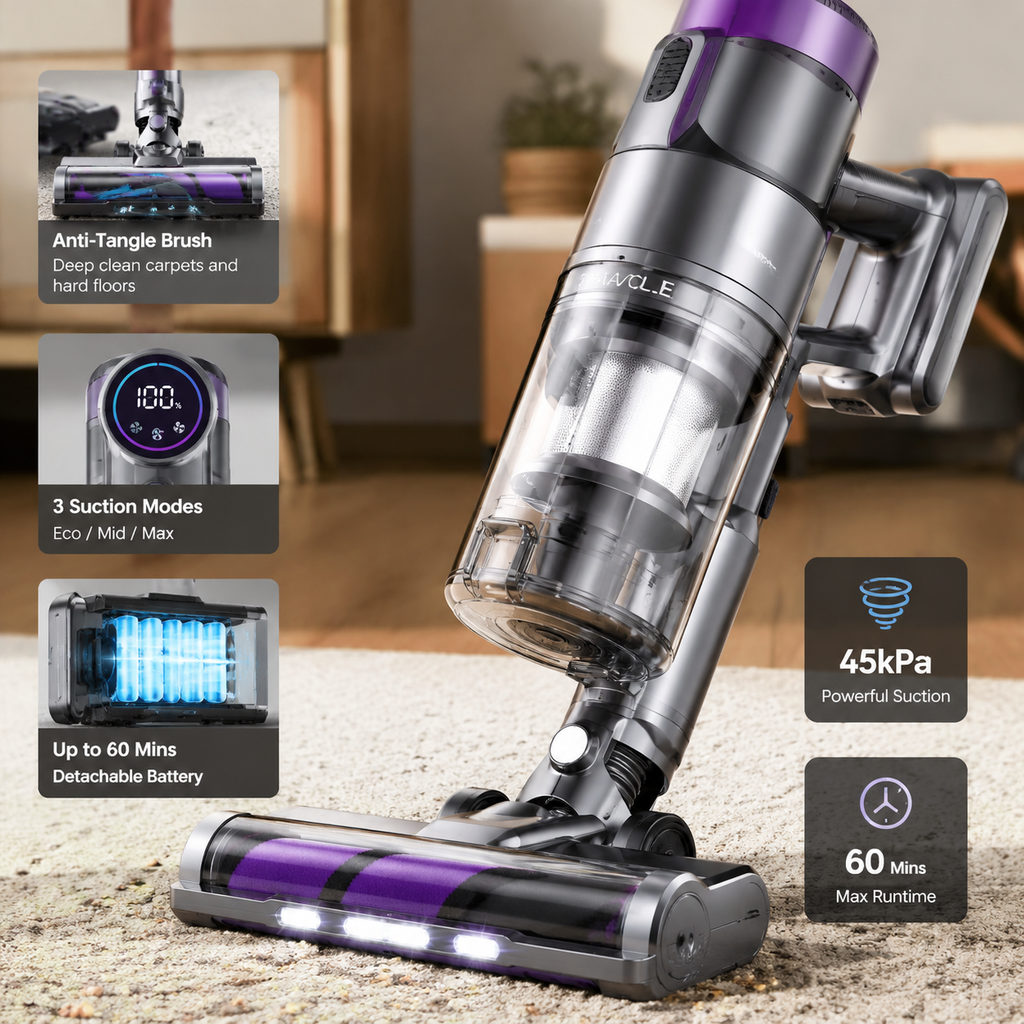 best cordless vacuum for carpet — close-up of vacuum features and specs
