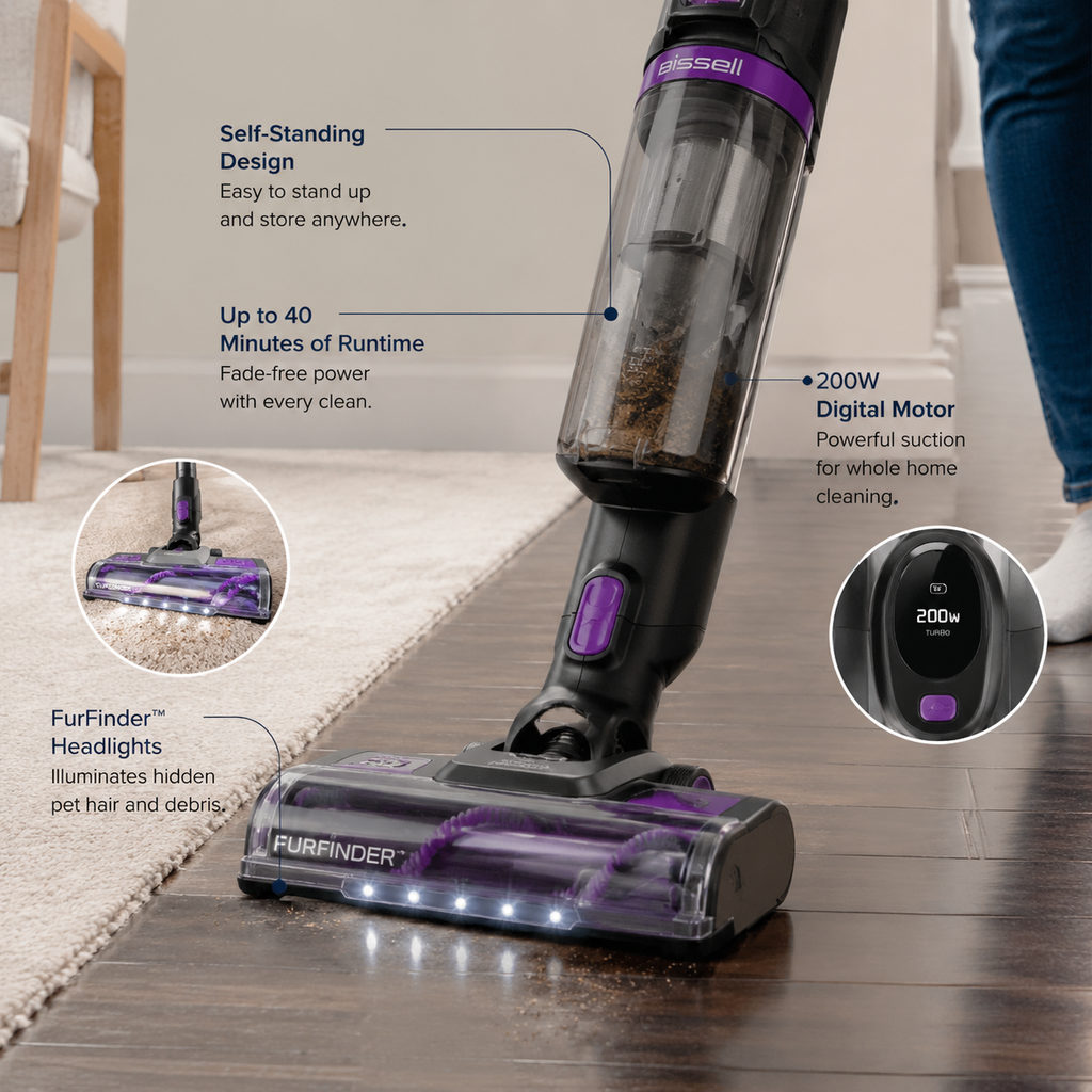 best cordless vacuum for pet hair — close-up of vacuum features and specs
