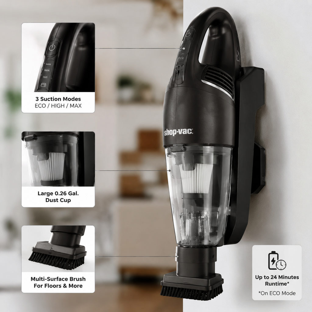best cordless wet dry vacuum — close-up of vacuum features and specs