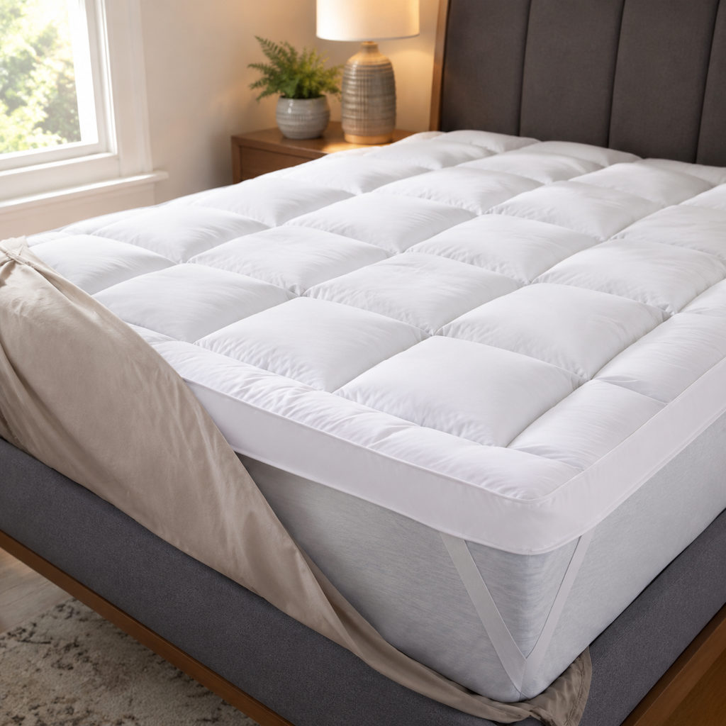 best dorm mattress topper — mattress topper on a bed in a bright bedroom