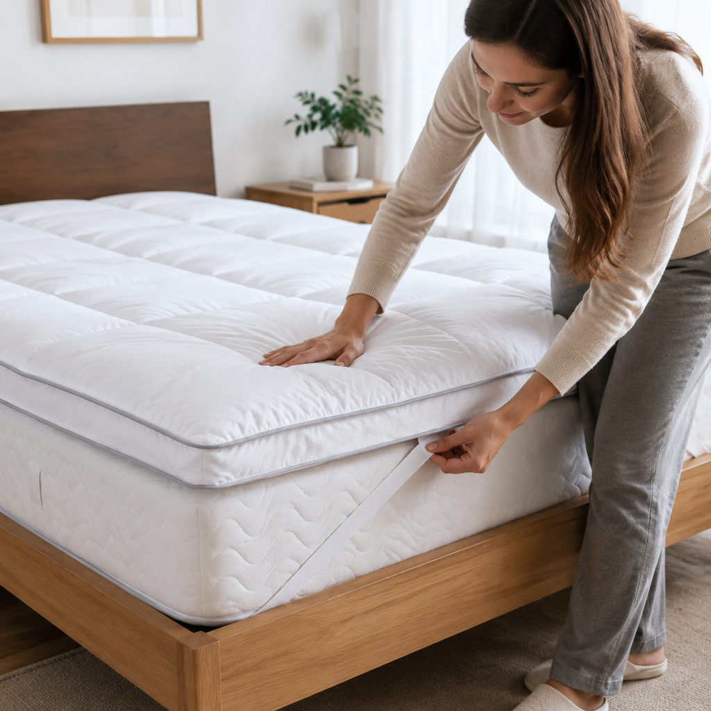 best down mattress topper — fitting the mattress topper onto a mattress