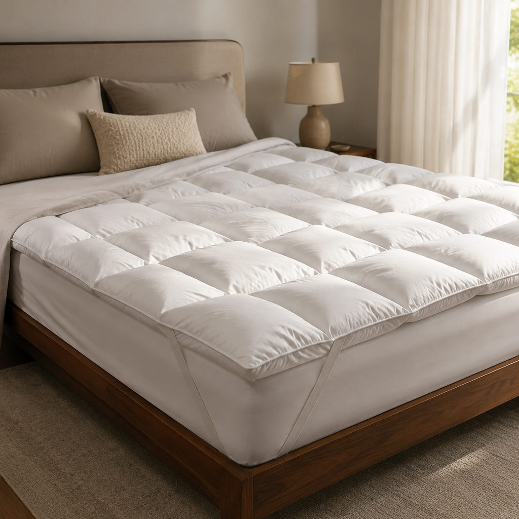 best down mattress topper — mattress topper on a bed in a bright bedroom