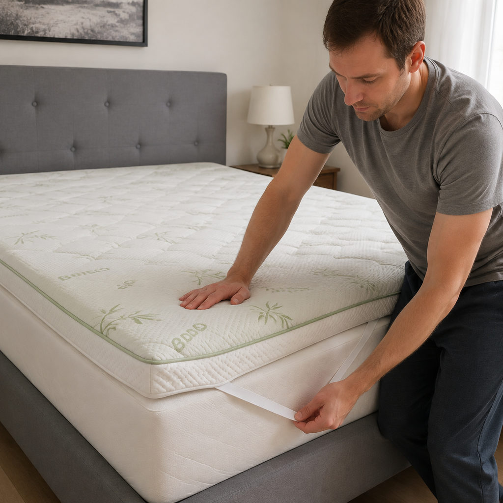 best firm mattress topper — fitting the mattress topper onto a mattress