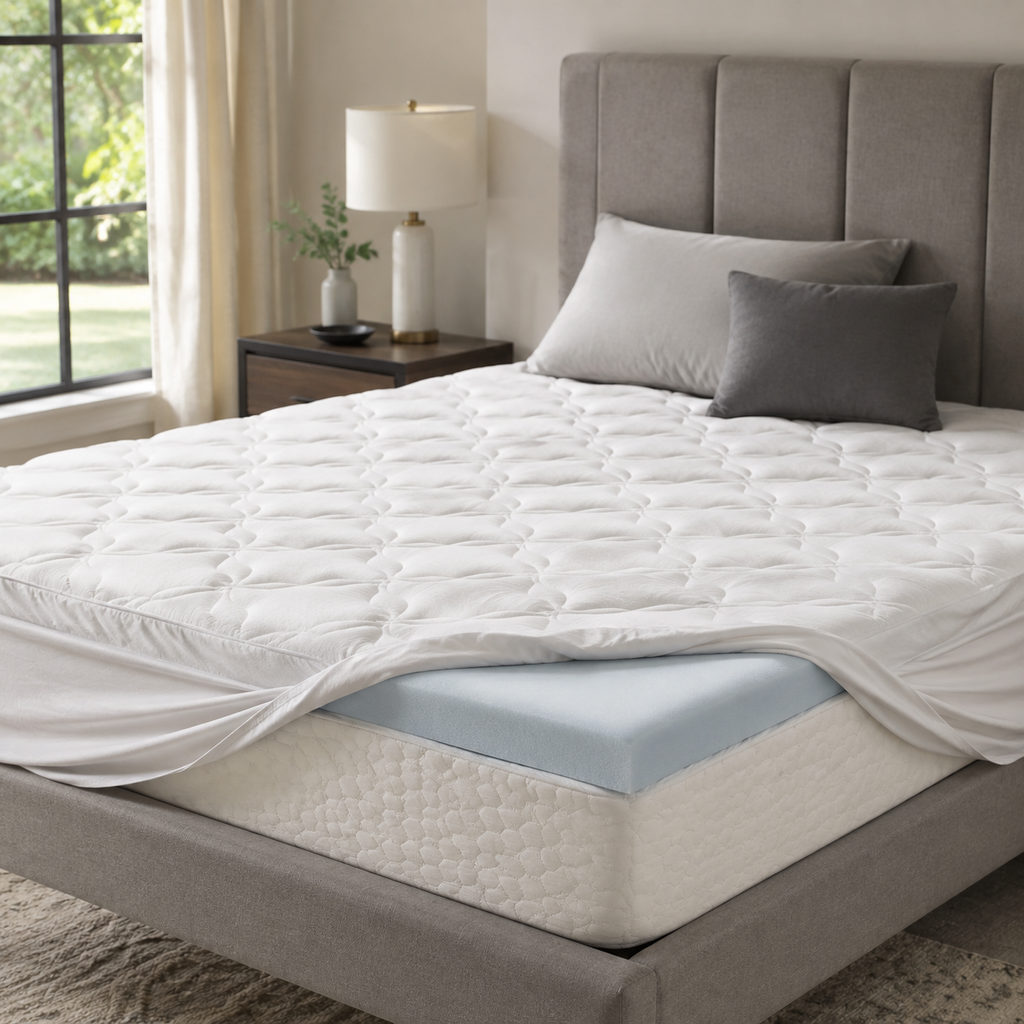 best gel mattress topper — mattress topper on a bed in a bright bedroom