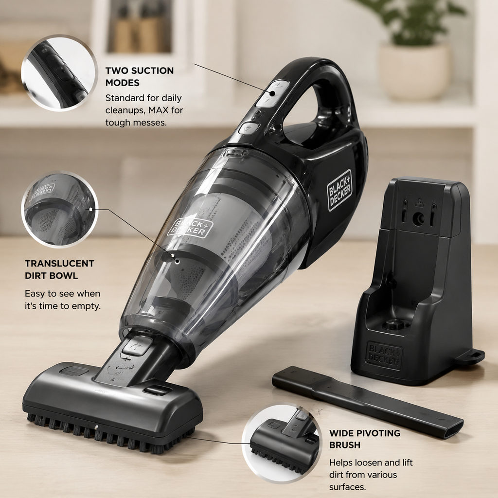 best handheld vacuum — close-up of vacuum features and specs