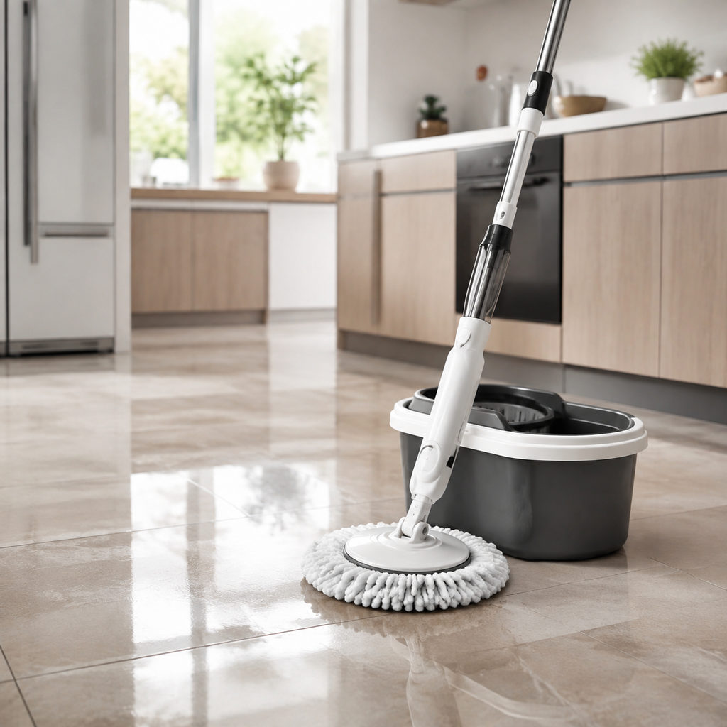 best hard floor cleaner — spin mop and bucket on a clean tile floor