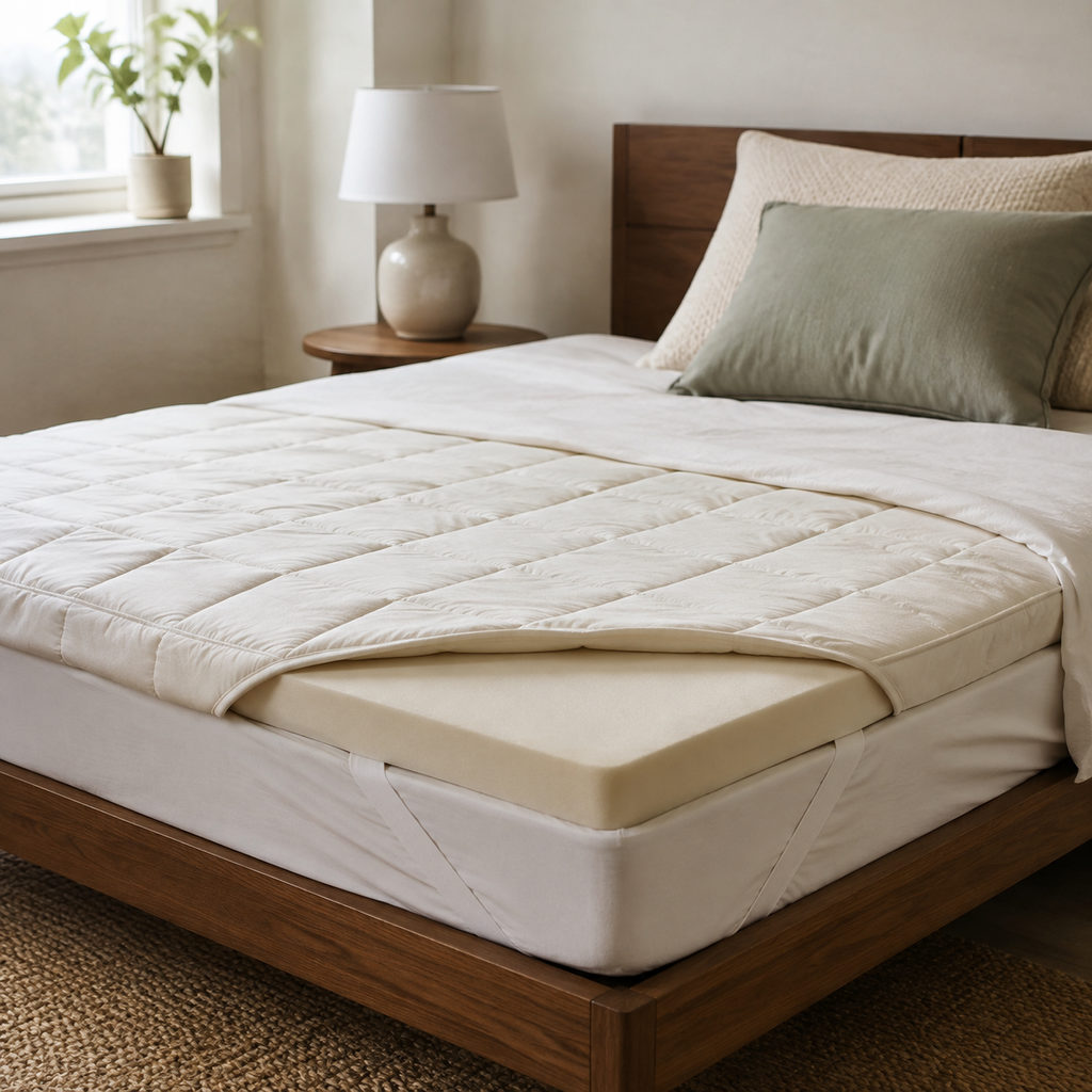 best latex mattress topper — mattress topper on a bed in a bright bedroom