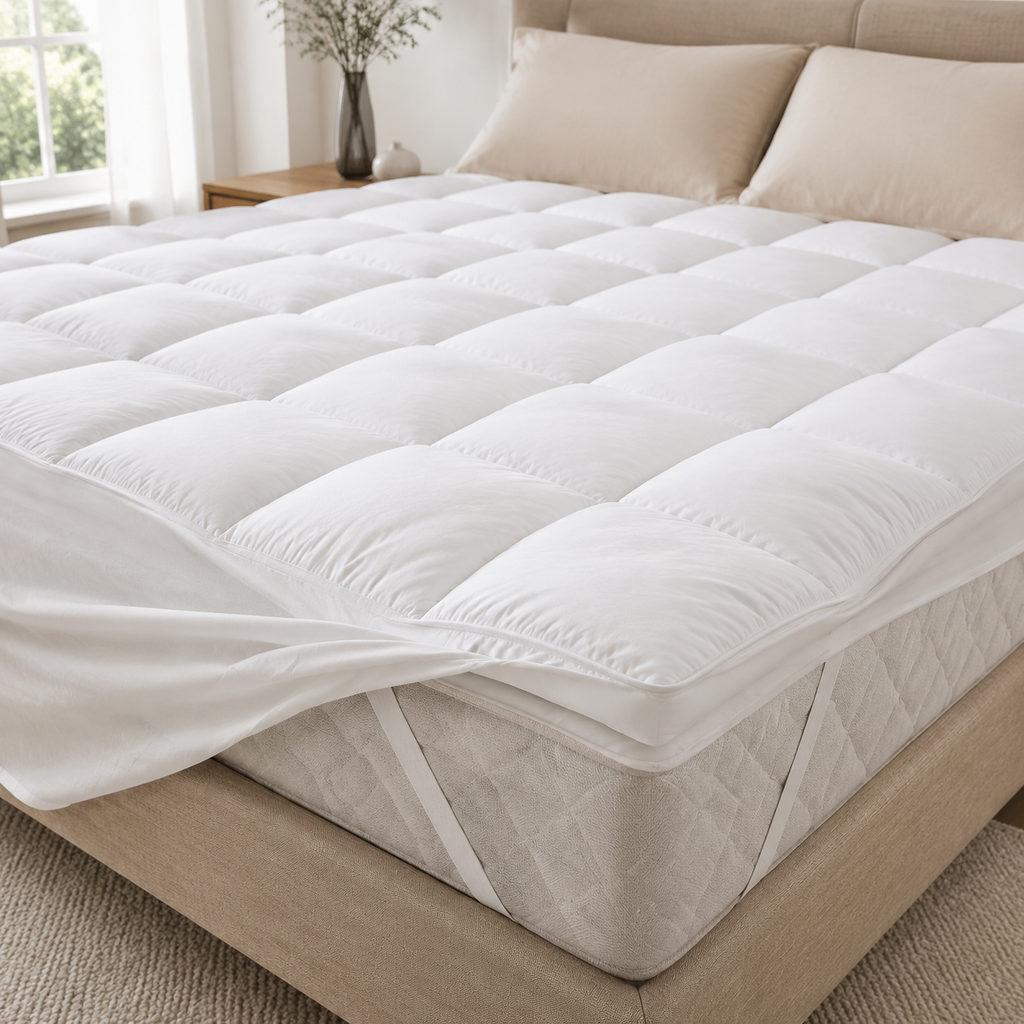 best mattress topper — mattress topper on a bed in a bright bedroom