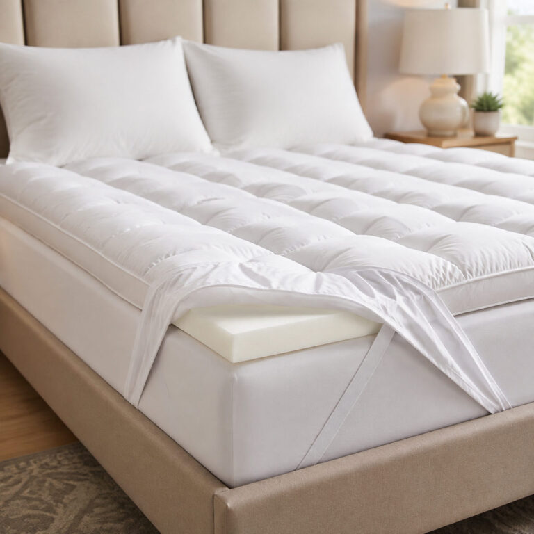 best mattress topper for back pain — mattress topper on a bed in a bright bedroom