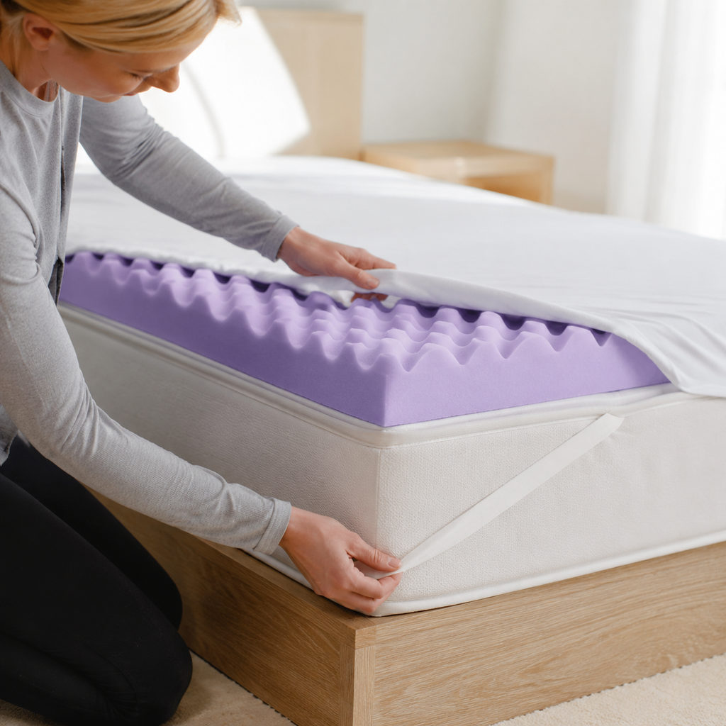 best mattress topper for hip pain — fitting the mattress topper onto a mattress