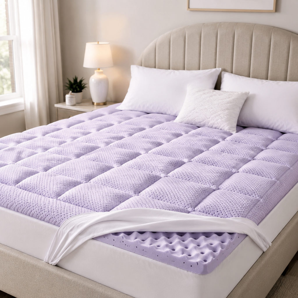 best mattress topper for hip pain — mattress topper on a bed in a bright bedroom