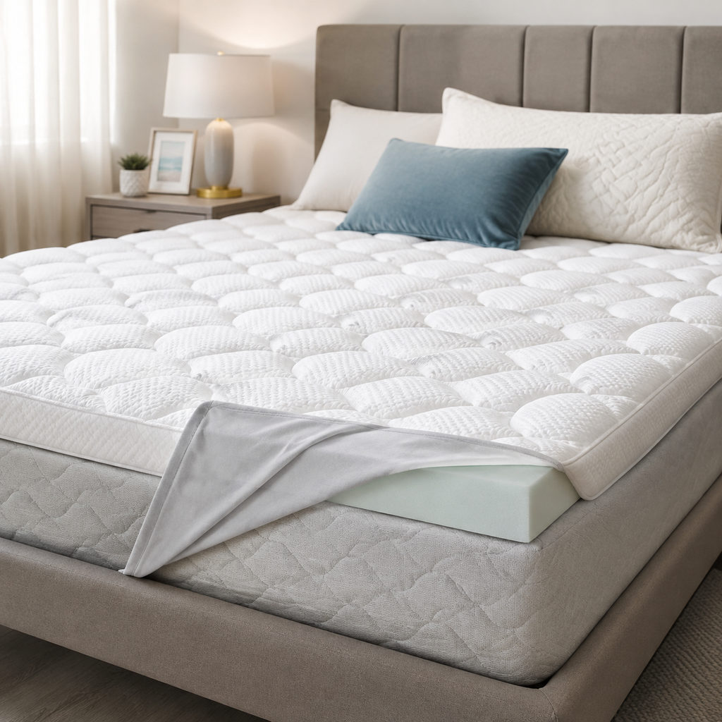 best mattress topper for sagging mattress — mattress topper on a bed in a bright bedroom