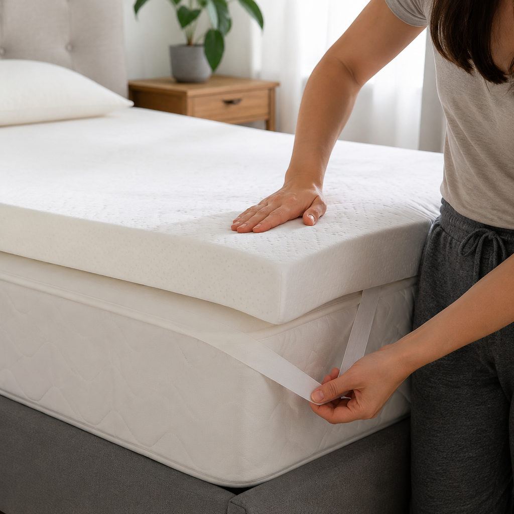 best mattress topper for shoulder pain — fitting the mattress topper onto a mattress