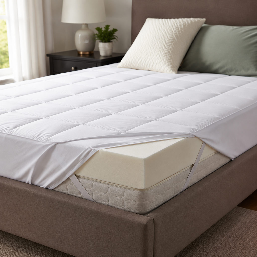 best mattress topper for shoulder pain — mattress topper on a bed in a bright bedroom