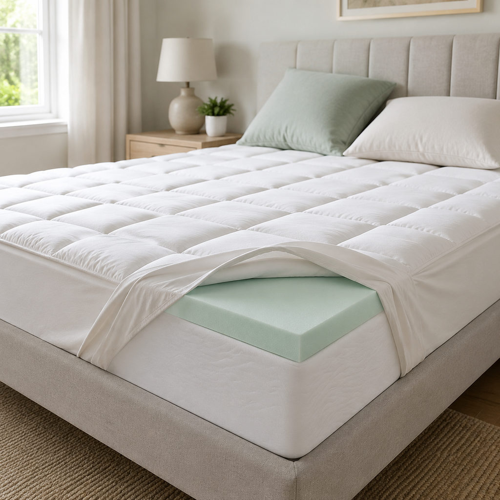 best mattress topper for stomach sleepers — mattress topper on a bed in a bright bedroom