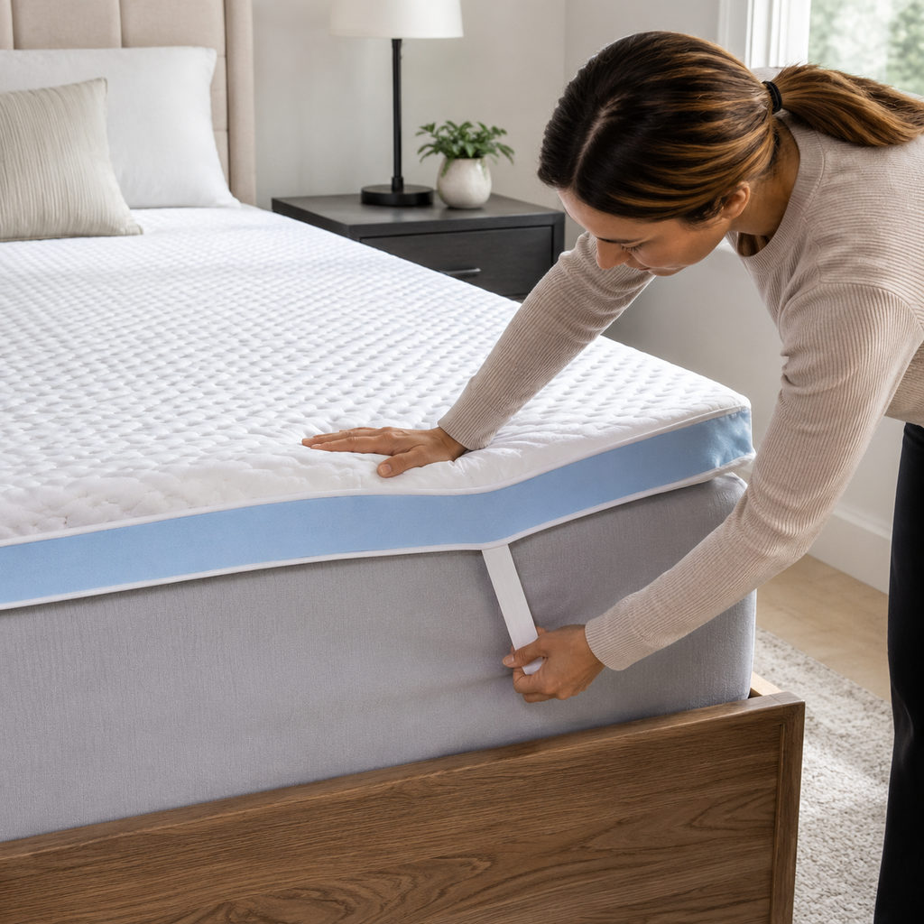 best memory foam mattress topper — fitting the mattress topper onto a mattress