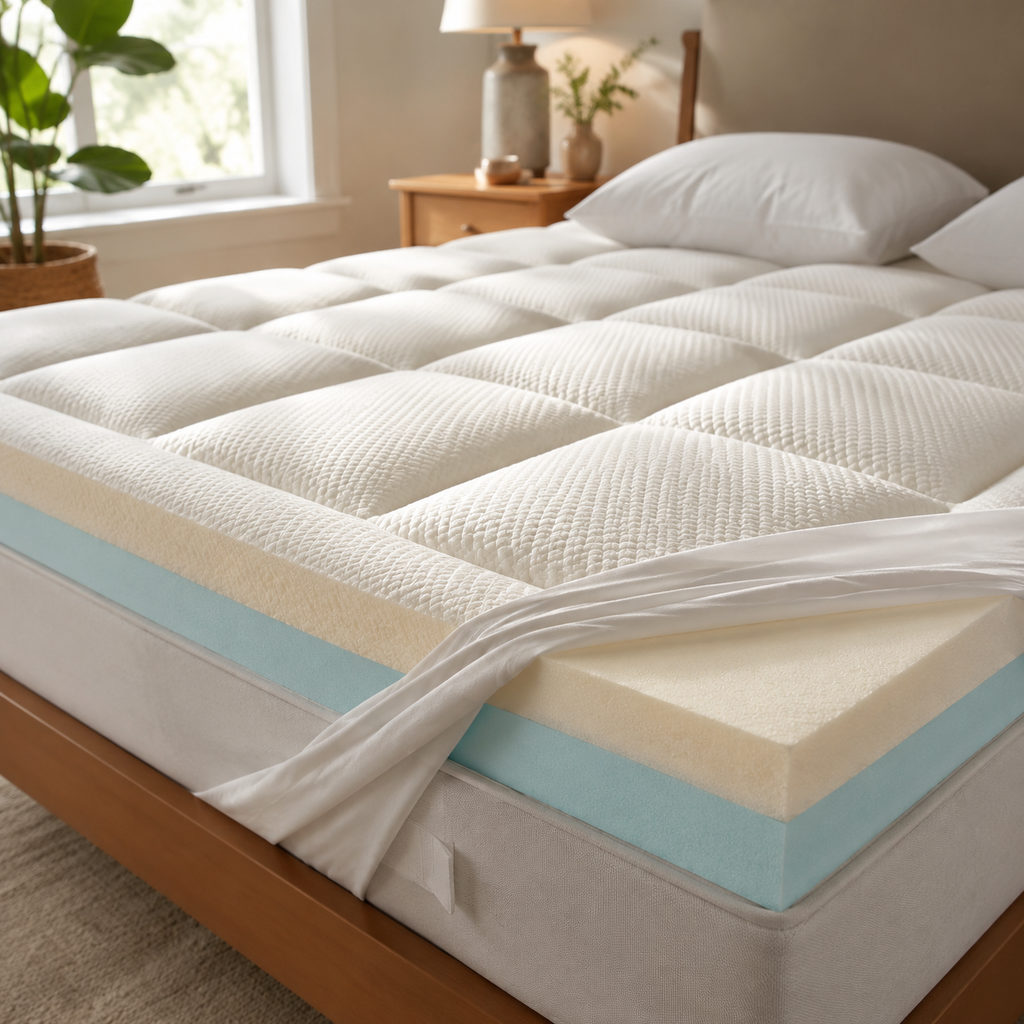 best memory foam mattress topper — mattress topper on a bed in a bright bedroom