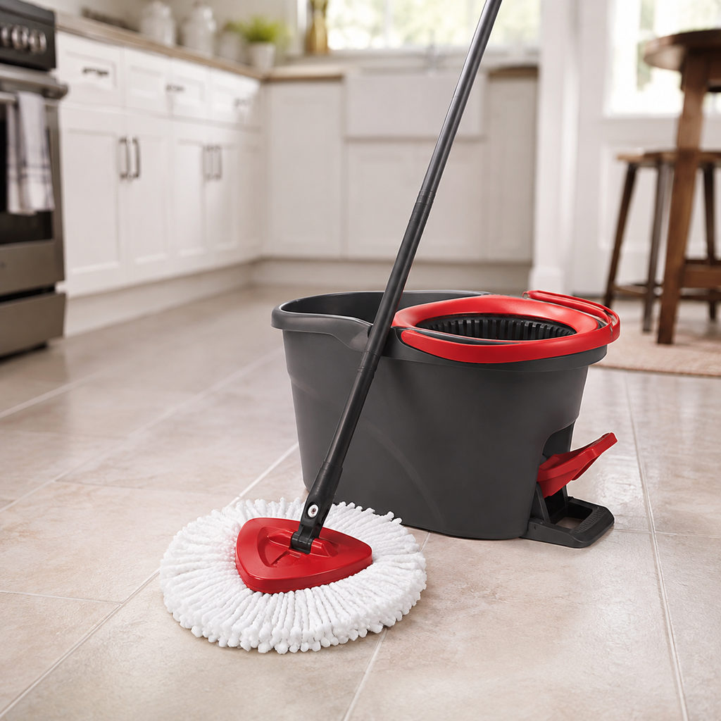 best mop — spin mop and bucket on a clean tile floor