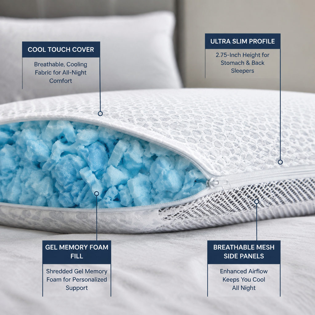 Best Pillow for Back Sleepers, Loft Kept Low 2 best pillow for back sleepers — pillow fill and cooling cover detail