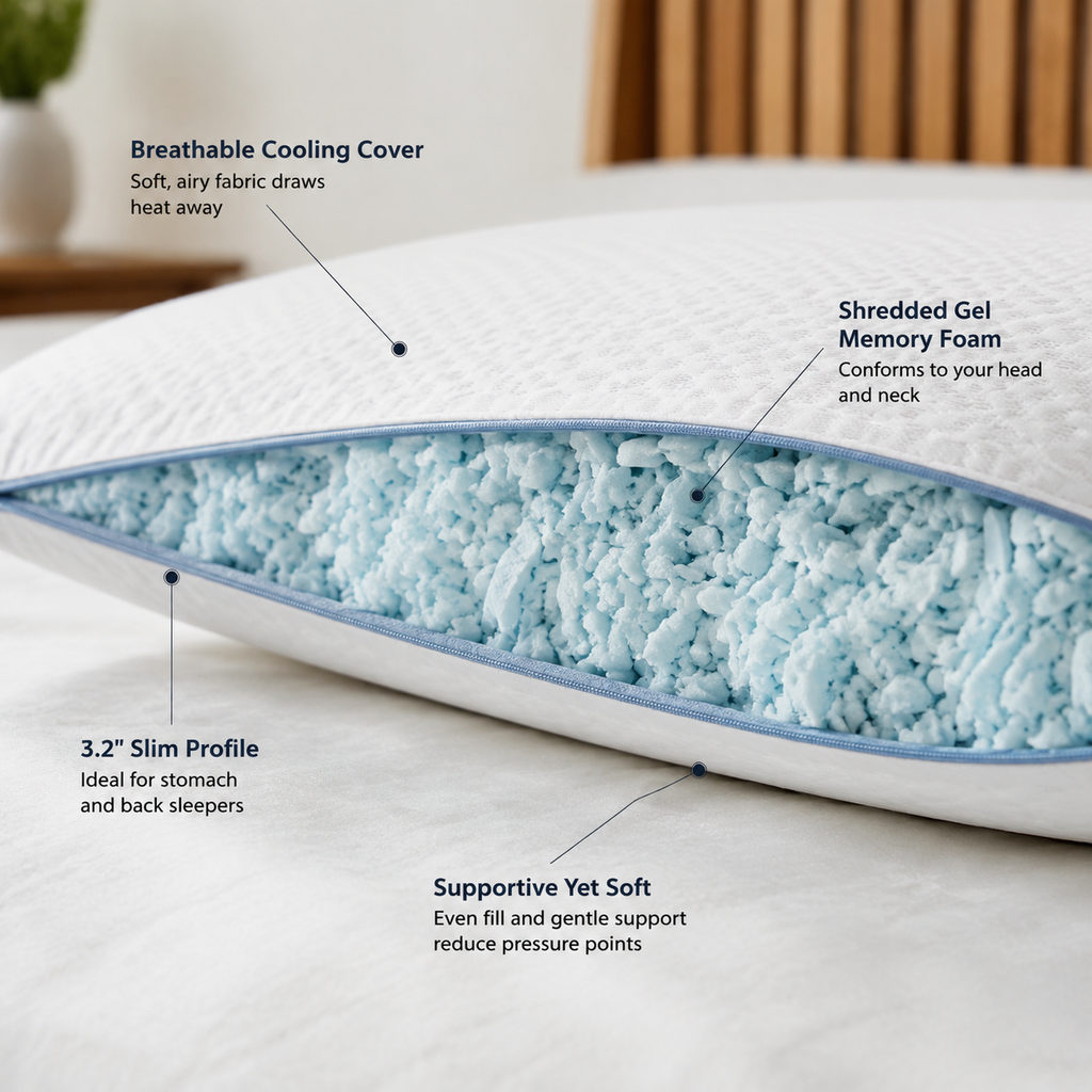 Best Pillow for Stomach Sleepers, Almost Flat 2 best pillow for stomach sleepers — pillow fill and cooling cover detail