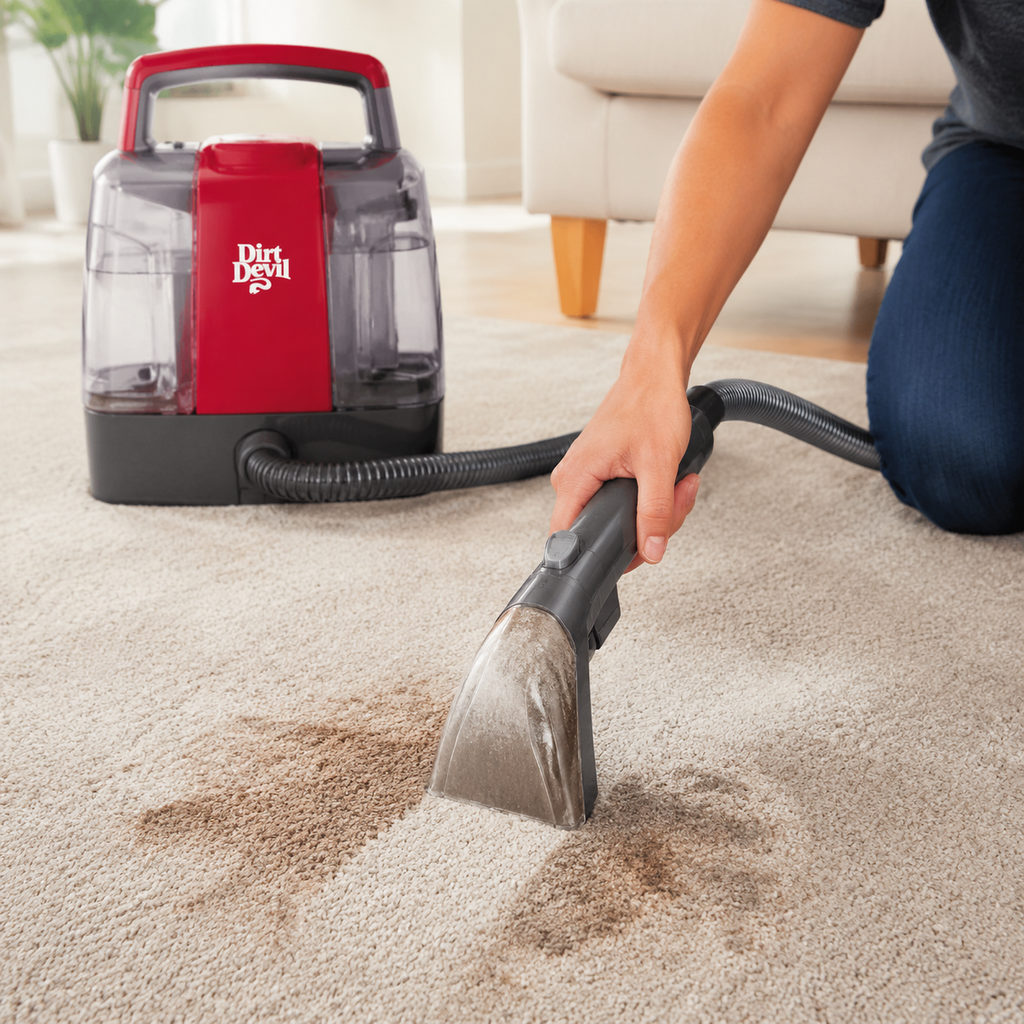 best portable carpet cleaner — using a carpet cleaner on a stain, how-to scene