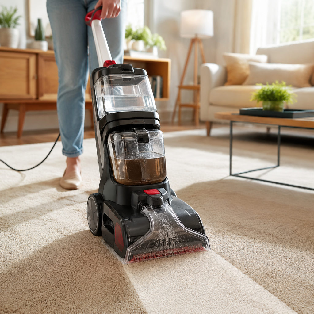 best portable carpet cleaner — carpet cleaner machine deep cleaning a living-room carpet