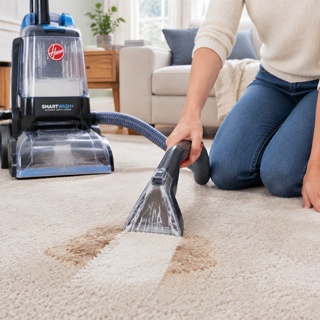best professional carpet cleaner — using a carpet cleaner on a stain, how-to scene