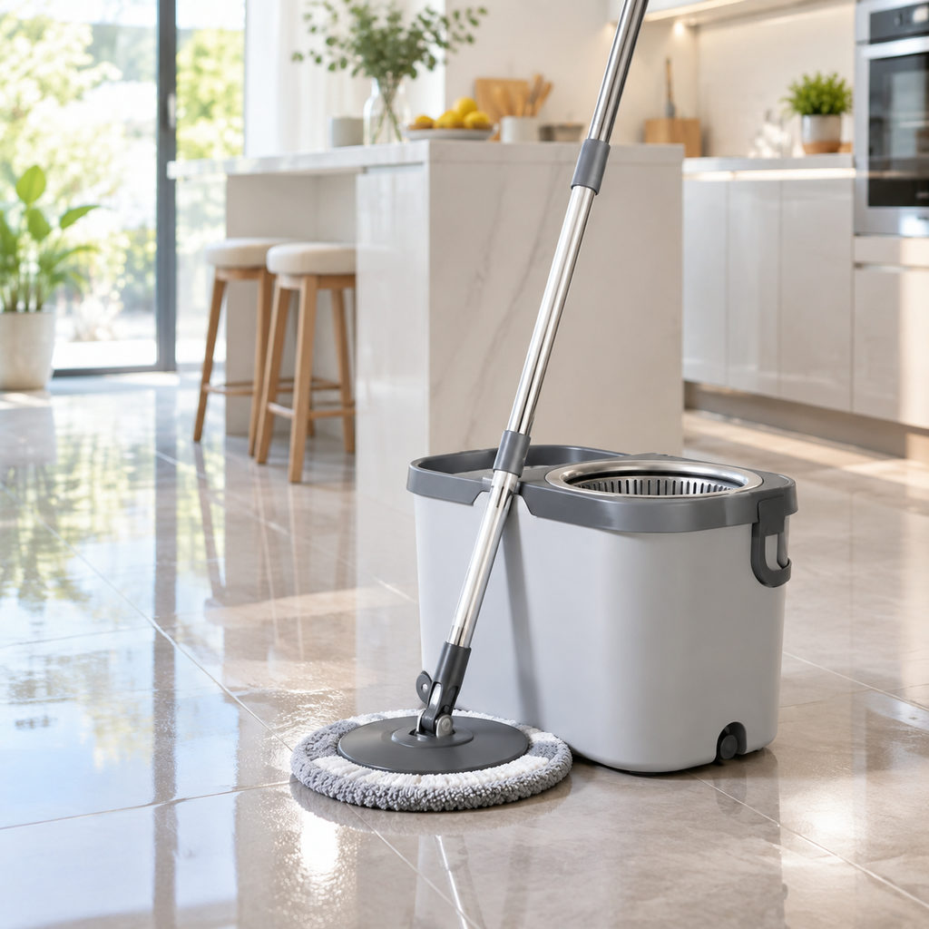best robot mop — spin mop and bucket on a clean tile floor