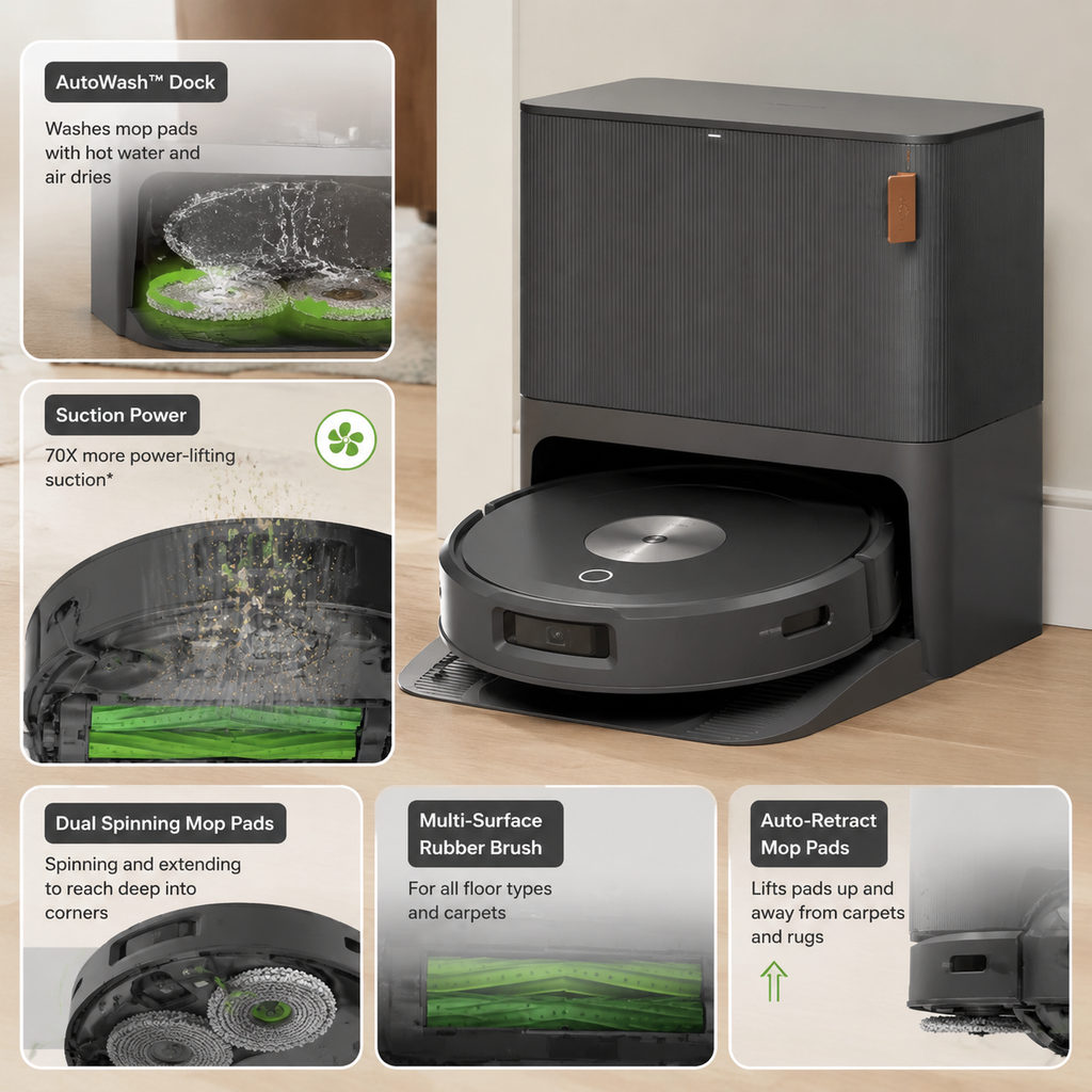 best robot vacuum and mop — close-up of vacuum features and specs