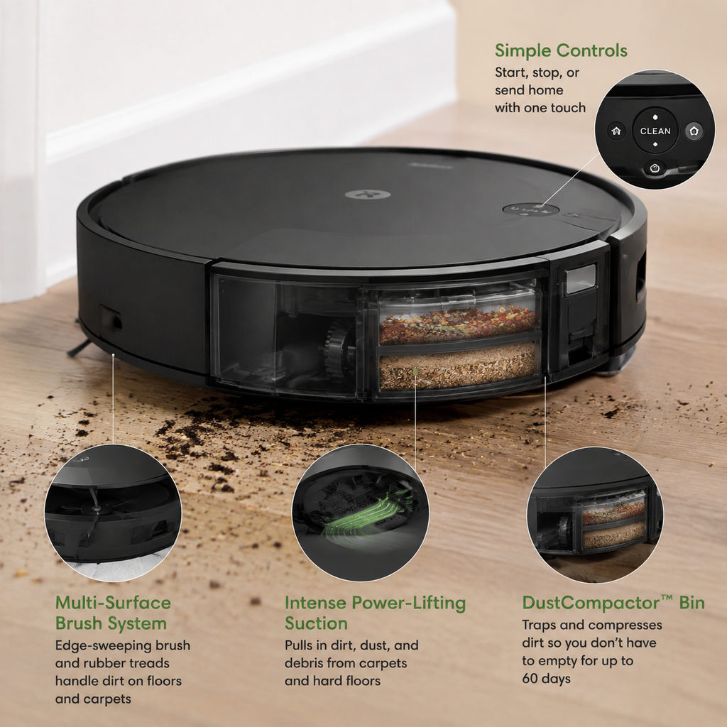 best robot vacuum — close-up of vacuum features and specs