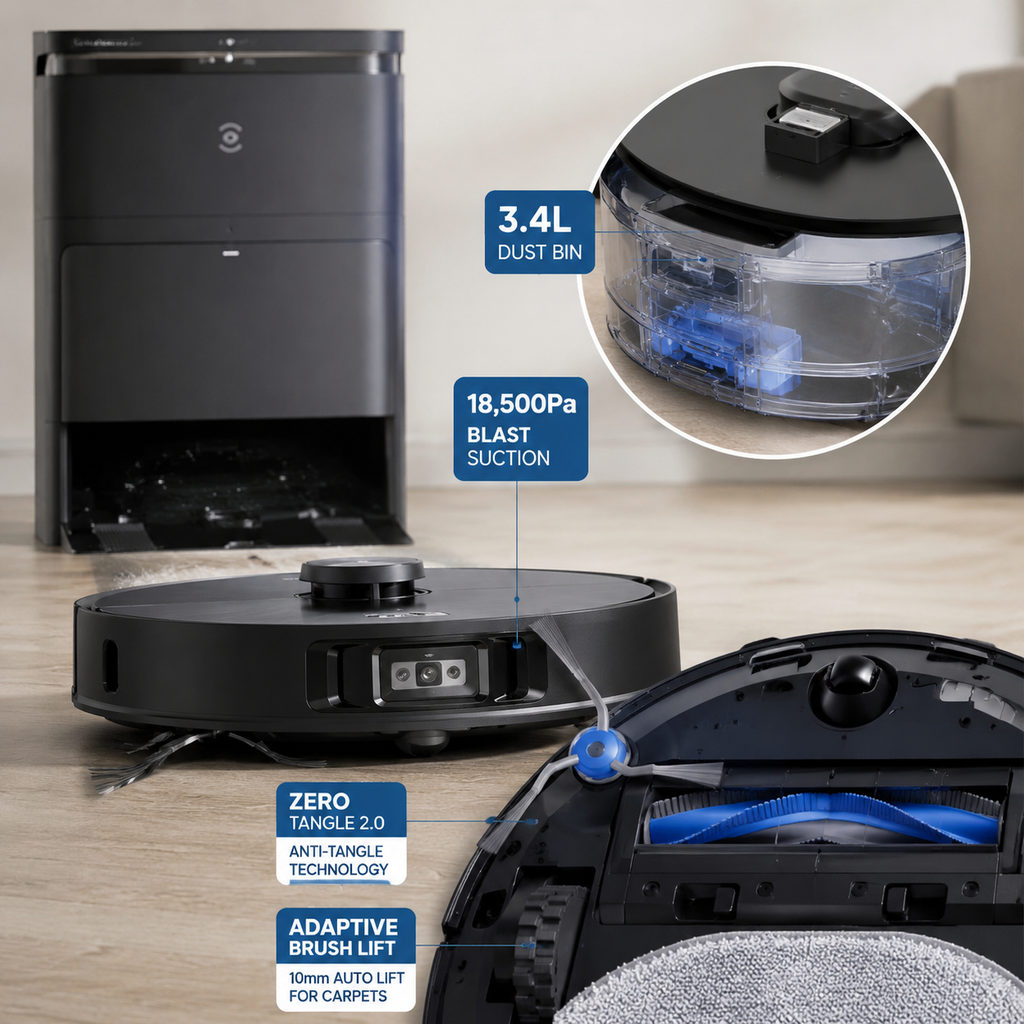best robot vacuum for carpet — close-up of vacuum features and specs