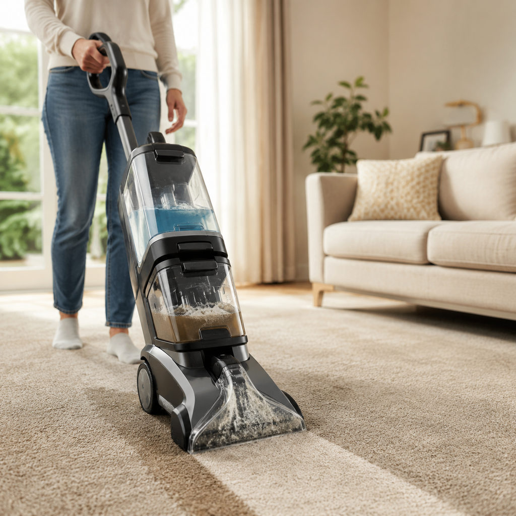 best rug shampooer — carpet cleaner machine deep cleaning a living-room carpet
