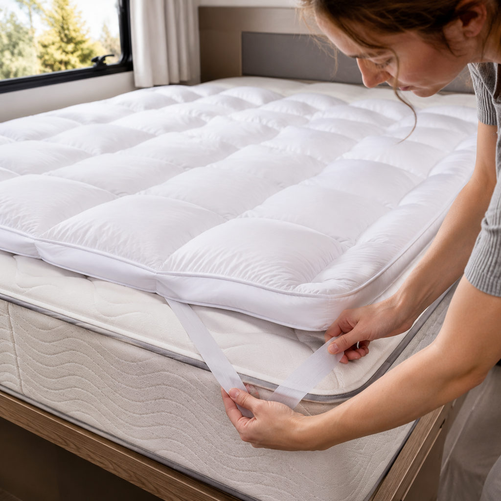 Best RV Mattress Topper for Short Queen Beds 2 best rv mattress topper — fitting the mattress topper onto a mattress
