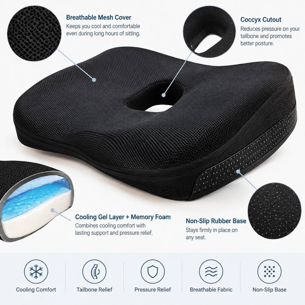 Best Seat Cushion for Hemorrhoids and Pressure 2 best seat cushion for hemorrhoids — seat cushion foam profile and non-slip base