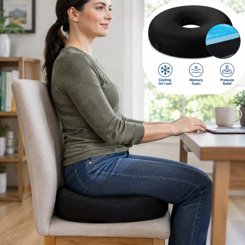 Best Seat Cushion for Hemorrhoids and Pressure 3 best seat cushion for hemorrhoids — sitting on the cushion with upright posture