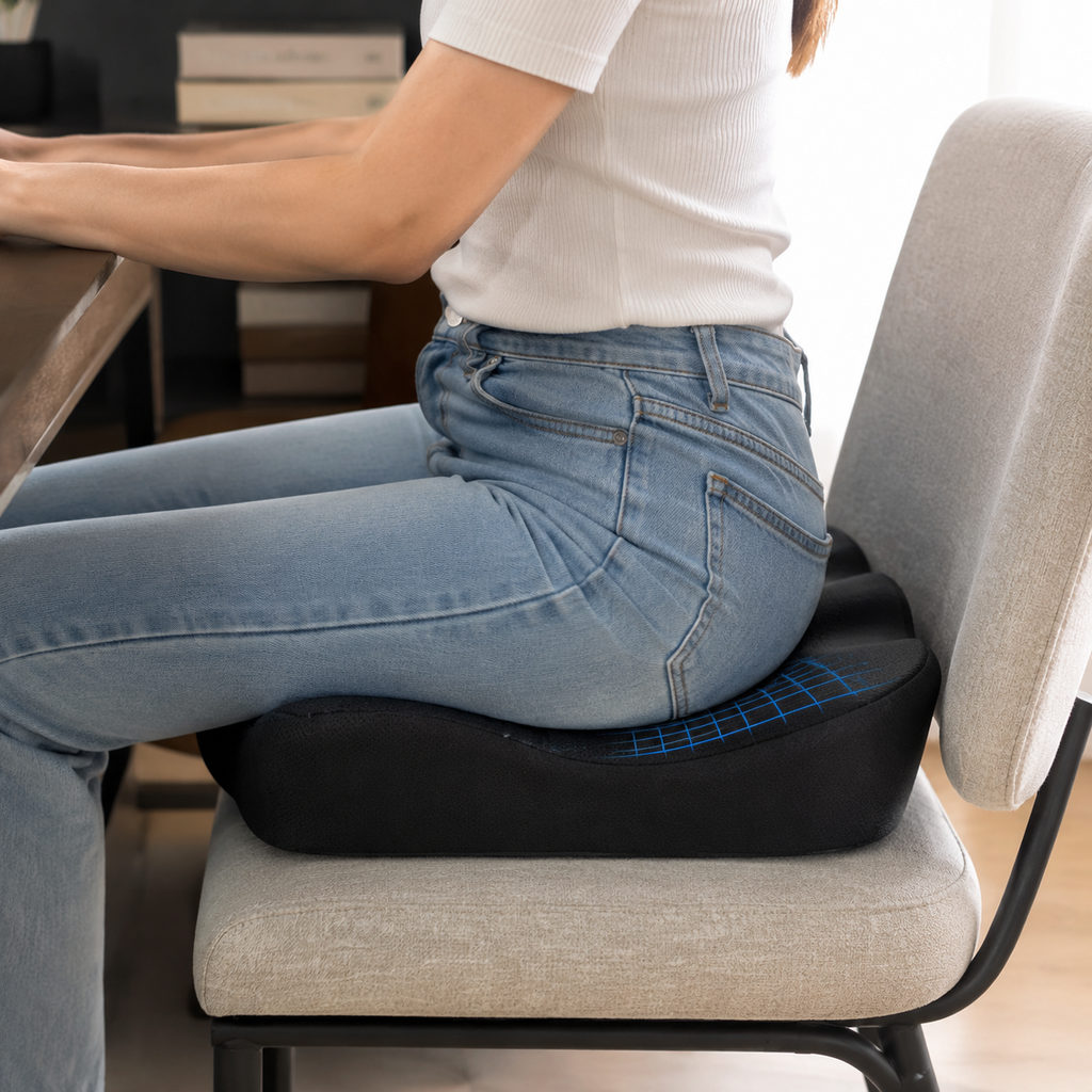best seat cushion for office chair — sitting on the cushion with upright posture