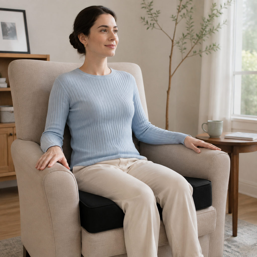 best seat cushion for recliner — sitting on the cushion with upright posture