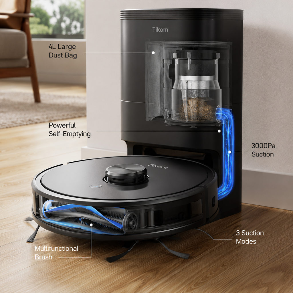 best self emptying robot vacuum — close-up of vacuum features and specs