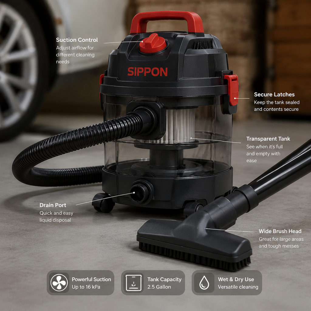 best small shop vac — close-up of vacuum features and specs