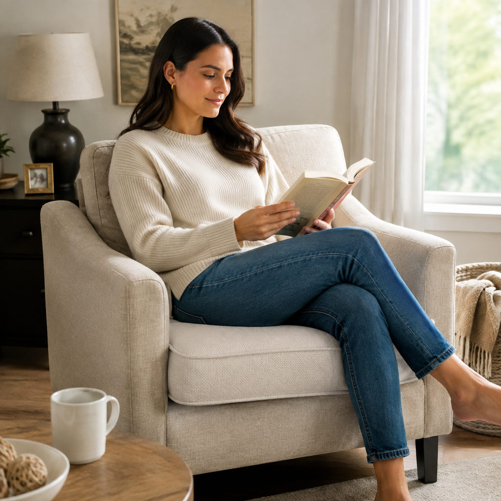 Best Sofa Seat Cushions to Revive a Tired Couch 3 best sofa seat cushions — sitting on the cushion with upright posture