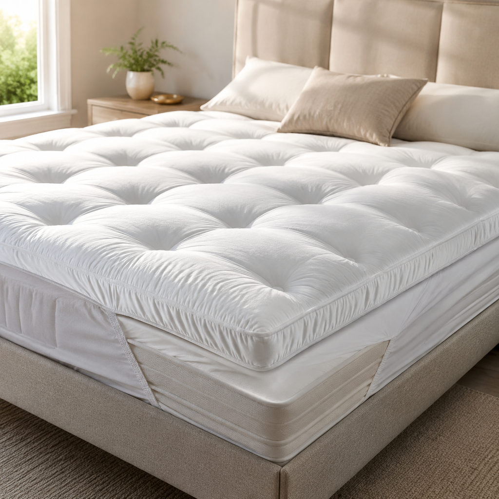 best soft mattress topper — mattress topper on a bed in a bright bedroom